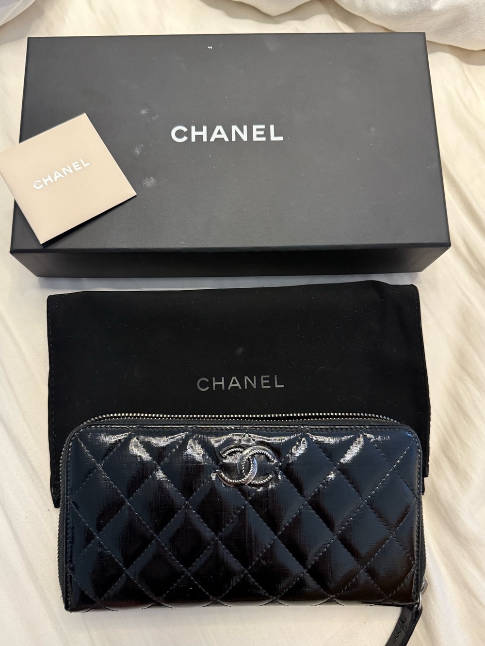 AUTHENTIC! CHANEL Patent Zip Around Wallet in Black